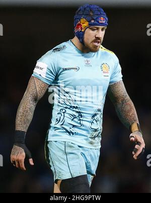 Aktenfoto vom 11-12-2021 von Exeter Chiefs' Jack Nowell. Mike Brown beharrt darauf, dass ein wiedererstarkter Jack Nowell wieder in Englands Rückstand zurückversetzt werden muss, nachdem er ihn als größten Flügelspieler, den er mit gespielt hat, erklärt hat. Ausgabedatum: Mittwoch, 19. Januar 2022. Stockfoto