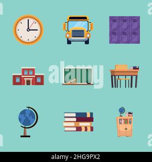 Neun Symbole für die Rückkehr zur Schule Stock Vektor