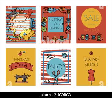 Vector Doodle Nähen Banner. Symbole für Vektoranpassungswerkzeuge. Nähen Schaufensterpuppe, Maschine, Mess-und Schneidbedarf, Black Outline. Skizze mit Stock Vektor