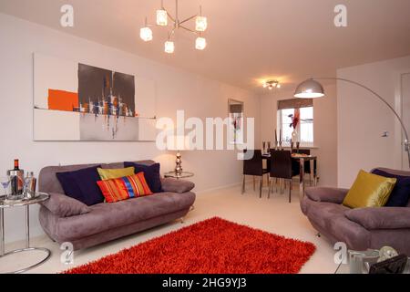 Wohn-Esszimmer im modernen Neubau Haus, orangefarbener Teppich, Wohnbereich, Sofa-Stuhl Essbereich Tisch Stockfoto