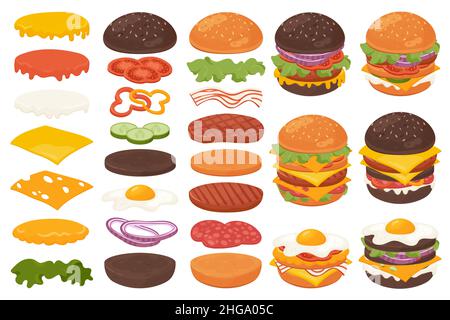 Vektorgrafik für Burger- oder Sandwich-Zutaten. Cartoon-Restaurantmenü mit leckerem Rinderschnitzel und Chorizo-Speck, Scheiben Cheddar-Käse, Gemüse und in Saucen in Brötchen, isoliert auf Weiß Stock Vektor