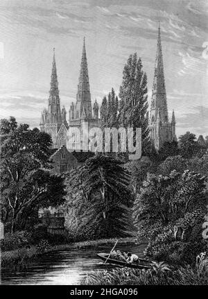 Schwarz-Weiß-Illustration; Kathedrale von Lichfield aus dem 19th. Jahrhundert, vom Minster Pool aus gesehen Stockfoto