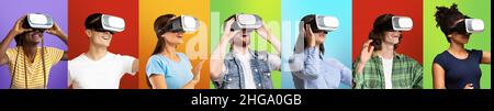 Moderne Unterhaltung. Collage von jungen Menschen in VR-Brille und erleben Augmented Reality, Panorama Stockfoto