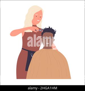 Friseur schneidet männliche Haare im Friseursalon. Mann Kopf Pflege und Styling Beauty Room Service flache Vektor-Illustration Stock Vektor