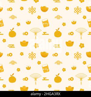 Nahtloses Muster mit goldenen flachen chinesischen Neujahrselementen Stock Vektor