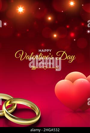 Valentinstag. Schöne rote Karte mit zwei Eheringen und Herzen mit dem Satz, Happy Valentine's Day, I love you detailliert Stockfoto