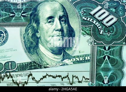 Nahaufnahme des US-amerikanischen Vintage-Aktienzertifikats für 100 Aktien. Benjamin Franklin Porträt. 100 Aktien. Investitionen und Investitionen in die USA Stockfoto
