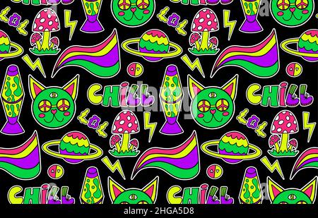Psychedelisch Neon Trip nahtloses Muster. Retro 70s groovige, sich wiederholende Textur. Cartoon funky Blumen, Regenbogen, Säure hippy Stil Hintergrund. vektor Stock Vektor
