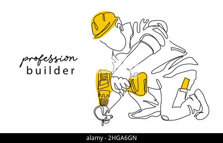 Baumeister mit gelbem Bohrer und Helm. Eine fortlaufende Linie Art Zeichnung Vektor-Skizze des Bauers Stock Vektor