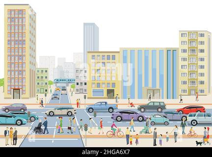 Großstadt-Silhouette mit Straßenverkehr und Fußgängern auf dem Fußgängerüberweg, Illustration Stock Vektor