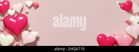 Fröhlicher Valentinstag Spruchband Mockup. Pinke und weiße Herzen auf einem farbigen Hintergrund mit Kopierfläche. 3D Rendern Stockfoto