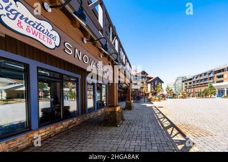 Schneeschuh, USA - 6. Oktober 2020: Unterschriften und Süßigkeiten Süßwaren Bekleidungsgeschäft Souvenir Geschenkladen Schild in West Virginia kleinen Ski-Resort Dorf wid Stockfoto