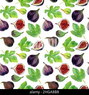 Aquarell Feigen Früchte mit Blättern in nahtloser Muster. Illustration der Figur süße Frucht in natürlichen Stil Hintergrund. Design für Tischdecke, Textil Stockfoto