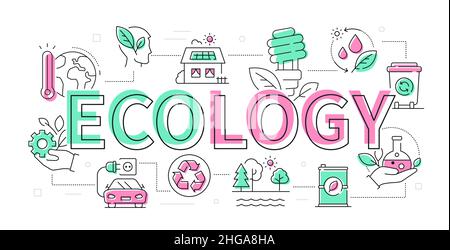 Ökologie - modernes flaches Design Webbanner mit Linienelementen. Bearbeitbare Kontur. Illustration zu Umweltproblemen und Ressourcenschonung. Stock Vektor
