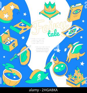Märchen - modernes isometrisches farbenfrohes Banner mit Platz für Text. Bearbeitbare Kontur. Magisches Königreich mit Drachen, Ritter, Schatzkiste, Trank in Stock Vektor