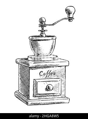 Retro Kaffeemühle mit Kaffeebohnen. Antikes Gerät für die Zubereitung eines Kaffeegetränks. Cafe-Symbol. Handgezeichnete Skizze der Illustration. Schwarz und Weiß Stockfoto