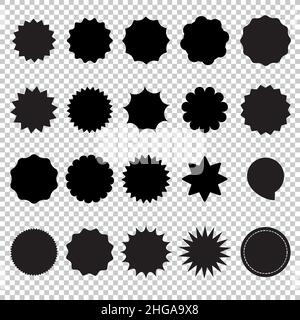 Schwarze Sternenmarkierung, Sonnenmarkenschilder für Preisschilder oder Gütesiegel für den Verkauf Design-Elemente-Modelle. Verschiedene Stile. Etiketten für Sonderangebote auf transparent Stock Vektor