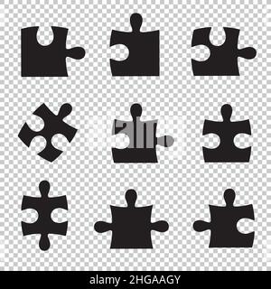 Puzzle Stücke Symbole auf kariertem transparenten Hintergrund gesetzt. Vektorgrafik. EPS 10-Vektordatei. Stock Vektor