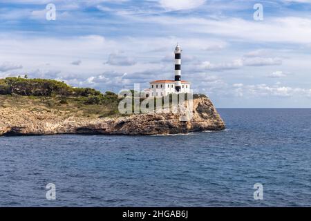 Leuchtturm von Portocolom oder Porto Colom, Mallorca, Balearen, Spanien Stockfoto