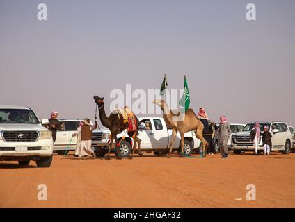 Saudische Männer folgen Kamelen mit ihren Autos während des King Abdul Aziz Camel Festivals, Provinz Riyadh, Rimah, Saudi-Arabien Stockfoto