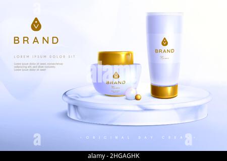 Pearl Naturkosmetik 3D Vektor realistische Illustration. Glas und Plastic Tube mit goldenem Deckel mit Spiegelung auf runder Podestbühne aus Marmor. Anti-Aging-Creme oder Bio-Lotion Formel für eine gesunde Haut Stock Vektor