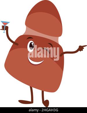 Augenzwinkern Leber mit Weinglas. Konzept der Alkoholverdauung Stock Vektor