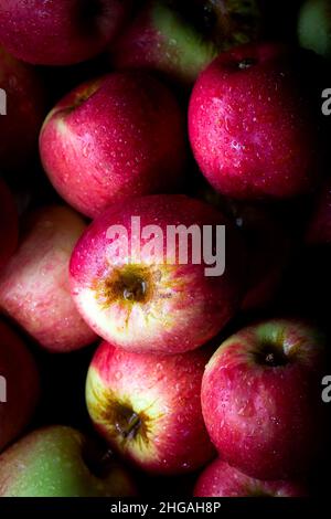 Frische rote Äpfel mit Wassertropfen darauf. Nahaufnahme. Stockfoto