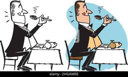 Ein Vintage Retro-Cartoon eines Mannes, der in einem Restaurant sitzt und eine Mahlzeit isst. Stock Vektor