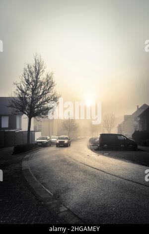 Morgennebel in einem Wohngebiet mit aufgehender Sonne. Grevenbroich, Nordrhein-Westfalen, Deutschland Stockfoto