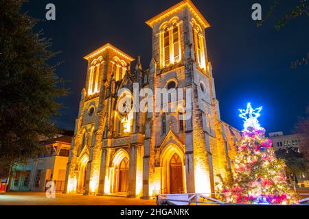 San Fernando Kathedrale am 115 Main Plaza (Plaza Mayor) bei Nacht mit Neonlicht in der Innenstadt von San Antonio, Texas TX, USA. Stockfoto