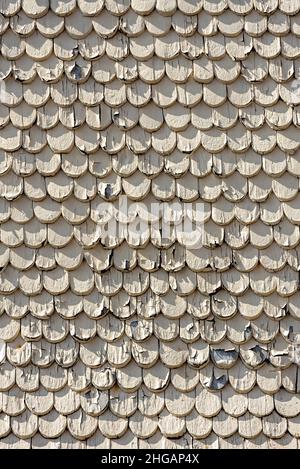 Muster alter Holzschindeln mit abblätternder Farbe, Fassade, Hintergrund, Herbstein, Vogelsberg, Hessen, Deutschland Stockfoto