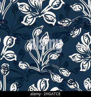 Moderne abstrakte wilde Wiese Blume nahtlose Vektor-Muster Hintergrund. Hintergrund mit Kunstlino-Druck, überlappenden Blumen und überblendeten Texturumrissen Stock Vektor