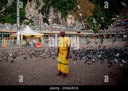 Gombak, Malaysia. 18th Januar 2022. Während der Thaipusam-Feier wird ein Mann im Sri Maha Mariamman Dhevasthanam Tempel unter Hunderten von Tauben stehen sehen. (Foto von Syaiful Redzuan/SOPA Images/Sipa USA) Quelle: SIPA USA/Alamy Live News Stockfoto