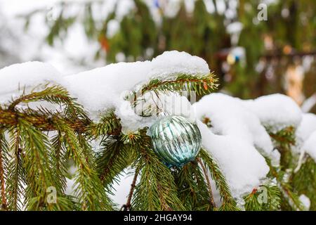 Weihnachtskugeln auf einem Zweig aus Fichte mit Schnee bedeckt Stockfoto