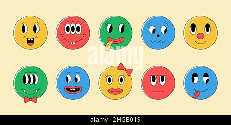 Lustige Cartoon-Gesichter mit Mund, Zunge und Augen. Verschiedene komische Formen Emotionen. Niedliche Avatar Vektor Illustration Set. Stock Vektor