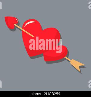 Ein Pfeil und zwei Herzen. Tag der Liebe. valentinstag. Eine Grußkarte mit einer Liebeserklärung. Ein flaches Vektorbild auf grauem Hintergrund. Stock Vektor