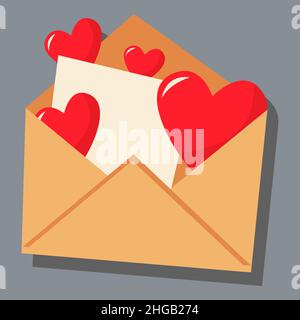 Ein offener Umschlag mit einem Brief und vier Herzen. Tag der Liebe. valentinstag. Eine Grußkarte mit einer Liebeserklärung. Ein flaches Vektorbild auf einem GRA Stock Vektor