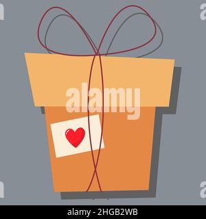 Eine geschlossene Box mit Schleife. Tag der Liebe. valentinstag. Eine Grußkarte mit einer Liebeserklärung. Ein flaches Vektorbild auf grauem Hintergrund. Stock Vektor