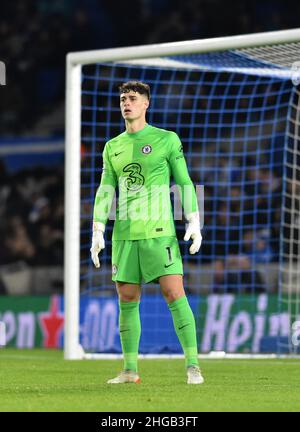 Kepa Arrizabalaga aus Chelsea während des Premier League-Spiels zwischen Brighton & Hove Albion und Chelsea im Amex Stadium, Brighton, Großbritannien - 18th. Januar 2022 - nur für redaktionelle Verwendung. Keine Verkaufsförderung. Für Football-Bilder gelten Einschränkungen für FA und Premier League. Keine Nutzung des Internets/Handys ohne FAPL-Lizenz - für Details wenden Sie sich an Football Dataco Stockfoto