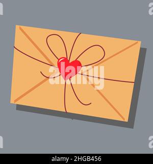 Ein geschlossener Umschlag mit einer Schleife. Tag der Liebe. valentinstag. Eine Grußkarte mit einer Liebeserklärung. Ein flaches Vektorbild auf grauem Hintergrund. Stock Vektor