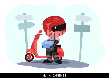 Motorroller-Fahrer. Biker-Cartoon. Abbildung für Kinder. Verloren. In einer Sportuniform und einem roten Helm. Cooler Motorradfahrer. Isoliert auf weißem Hintergrund. Stockfoto