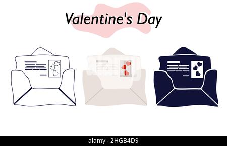 Ein offener Umschlag mit einer Liebesnote. Eine Liebeserklärung. In farbigen, einfarbigen und linearen Versionen. Ein Symbol der Liebe und ein Valentinstag. Vektor Stock Vektor
