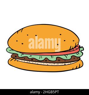 Fastfood-Burger mit Cutlet, Pmidor und Salat. Vektor im Doodle-Stil Stock Vektor