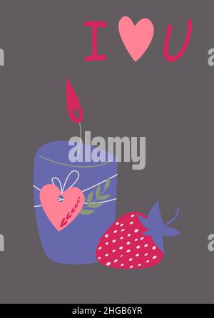 Kerze und Erdbeeren. Vektorbild im Boho-Stil. valentinstag. Grußkarte mit Liebeserklärung. Stock Vektor