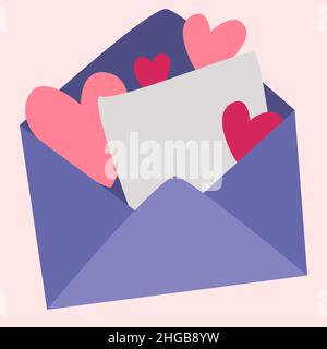 Der Umschlag ist mit einem leeren Brief und Herzen geöffnet. Valentinskarte. Vektor-Symbole der Liebe. valentinstag. Eine Serie von Postkarten im Boho-Stil Stock Vektor