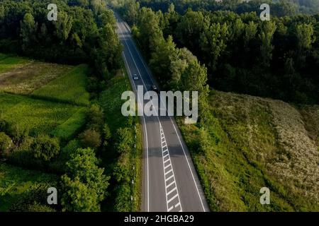 Luftaufnahme von Autos, die am sonnigen Morgen entlang der leeren Straße entlang von Bäumen und Feldern fahren.Reisen, Autovermietung, Versicherungskonzept. Stockfoto