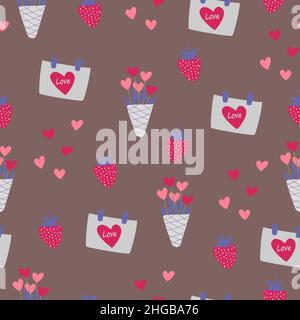 Einfaches, nahtloses Muster. Erdbeeren, ein Blumenstrauß, ein Kalender mit Herz. Valentinstag Hintergrund. Flaches Design im Boho-Stil. Stock Vektor