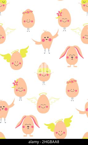 Happy Easter Eggs Zeichen nahtloses Muster. Ostereier mit Lächeln oder Emoji. Pastellfarben. Süße ostereier mit niedlichen Gesichtern. Frohe Ostern Karte Stock Vektor
