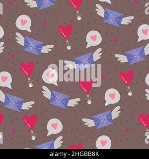 Einfaches, nahtloses Muster. Umschläge mit Flügeln, Herzen. Valentinstag Hintergrund. Flaches Design im Boho-Stil. Stock Vektor