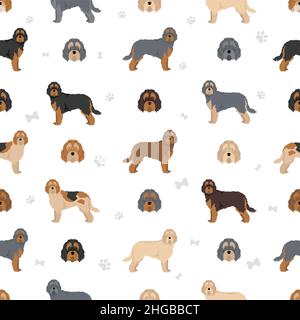 Nahtloses Otterhound-Muster. Verschiedene Posen, Fellfarben eingestellt. Vektorgrafik Stock Vektor